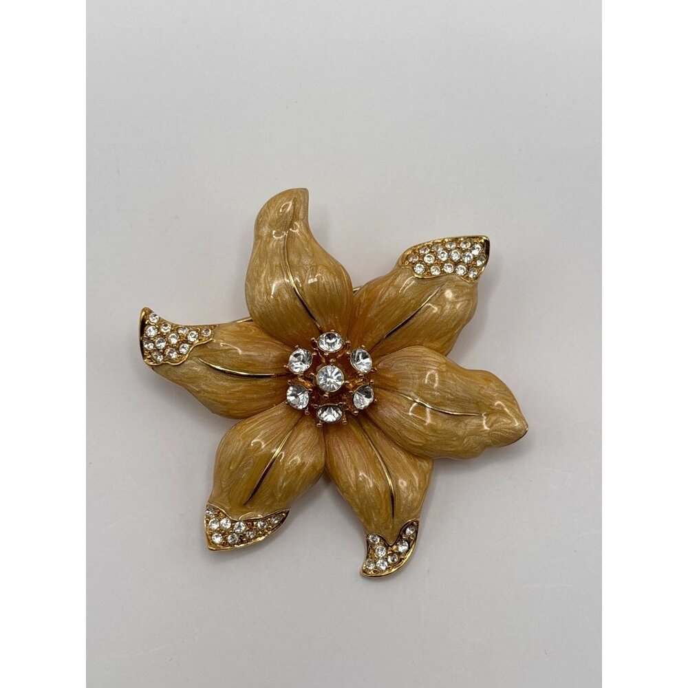 Nolan Miller Vintage Aspen Enameled Flower Brooch Pin Gold Tone Clear Rhinestone